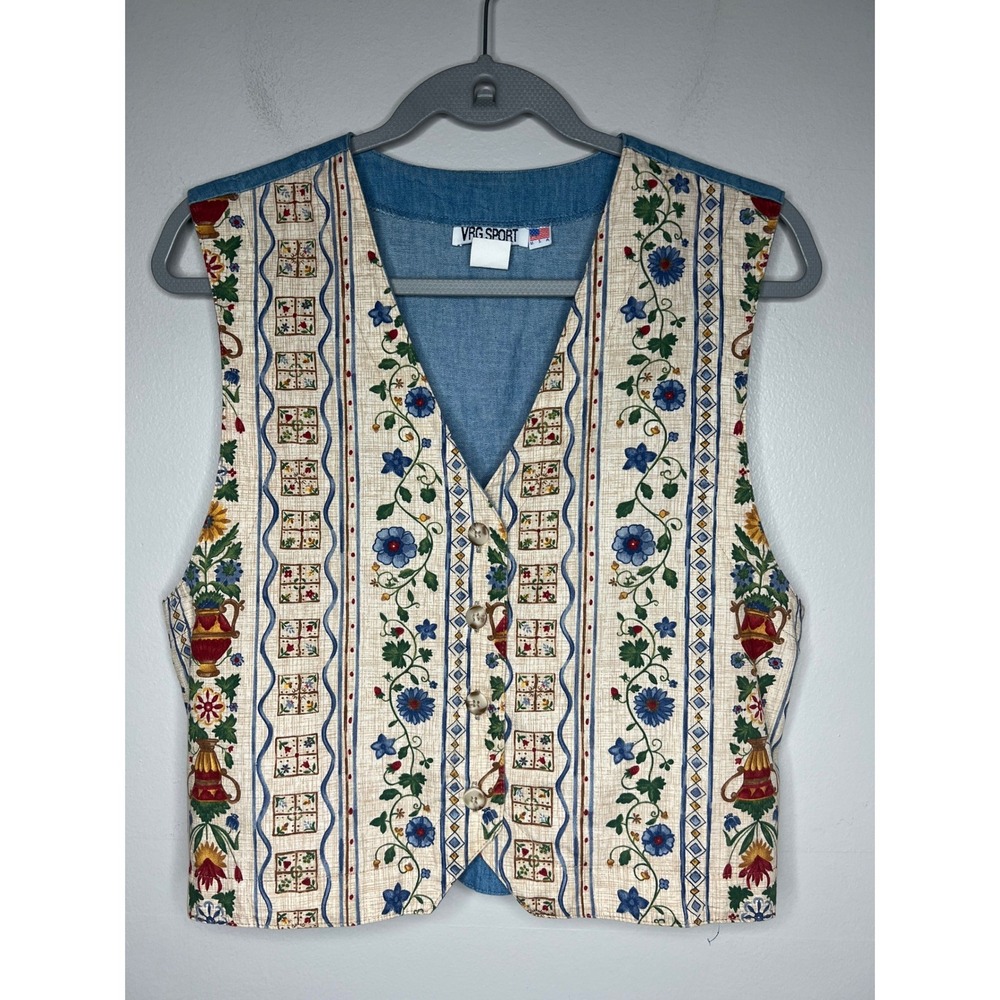 VTG VRG Sport Floral Cottagecore Tie Back Denim Vest Cotton Made USA Women's L